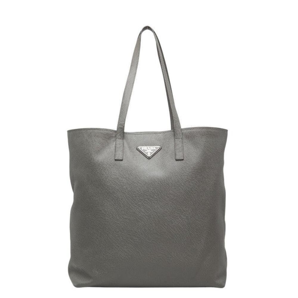 Prada Triangle Logo Plate Saffiano Cuir Tote Bag Gray